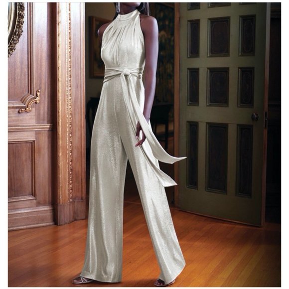 Tahari Other - Tahari Gold Metallic Jumpsuit Halter Belt Tie NWT